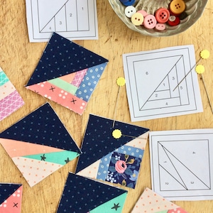 PDF / Raccolta di modelli / Triangoli quadrati da 1", 2" e 3" / Modelli di blocchi per quilt con pezzi di carta di fondazione