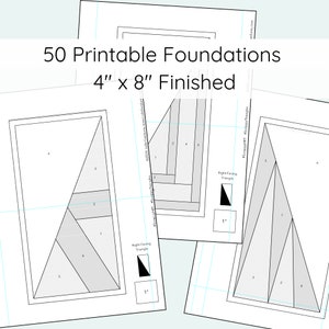 May include: A set of 50 printable foundation paper piecing patterns for quilt blocks. Each pattern is 4 inches by 8 inches and includes instructions for creating a right-facing triangle. The patterns are labeled with numbers and are ready to be cut out and used.