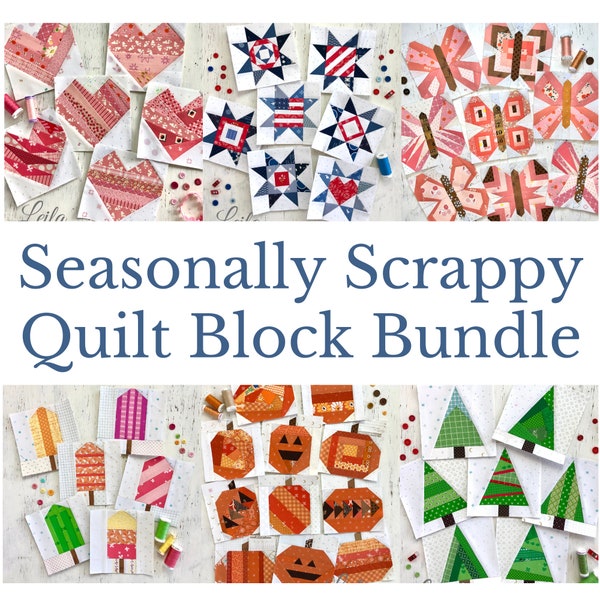 6" Seasonally Scrappy Quilt Block Bundle - PDF foundation paper-pieced patterns - hearts, butterflies, stars, popsicles, pumpkins, trees