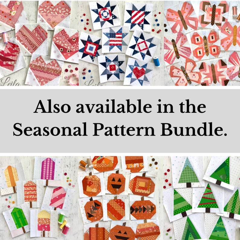 Pu&ograve; includere: Un collage di quadrati di tessuto con vari disegni, tra cui cuori, stelle, farfalle, zucche e alberi di Natale. Il testo "Also available in the Seasonal Pattern Bundle." &egrave; visualizzato al centro dell'immagine.