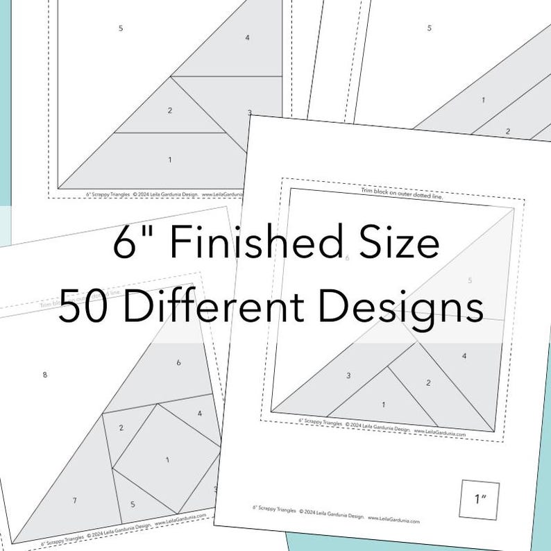 A black and white graphic with pictures of 4 Scrappy Triangle paper foundations. The foundation paper piecing foundations are over lapped with text on top reading"6" finished size. 50 different designs."