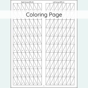 Pu&ograve; includere: Una pagina da colorare in bianco e nero con una griglia di triangoli. I triangoli sono etichettati con le lettere "R" e "L" per HRTS rivolti a destra e a sinistra. Il titolo della pagina &egrave; "Coloring Page".