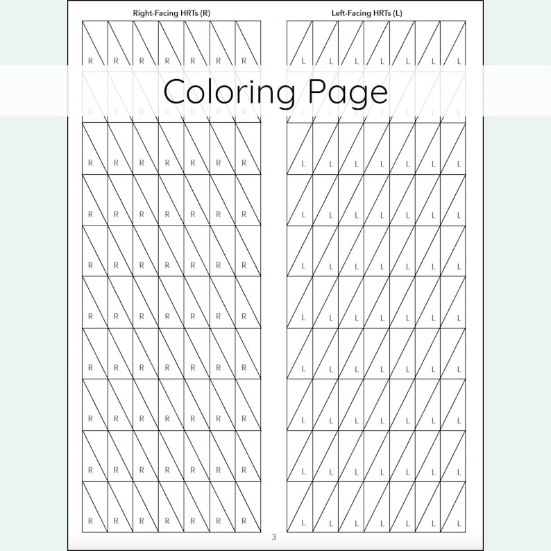 Pu&ograve; includere: Una pagina da colorare in bianco e nero con una griglia di triangoli. I triangoli sono etichettati con le lettere "R" e "L" per HRTS rivolti a destra e a sinistra. Il titolo della pagina &egrave; "Coloring Page".