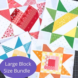 Puede incluir: Una colección de bloques de edredón coloridos con varios patrones geométricos. Los bloques presentan telas rojas, rosas, verdes, amarillas y azules con diseños florales, de lunares y cuadros. El texto "Large Block Size Bundle" está en un óvalo morado.