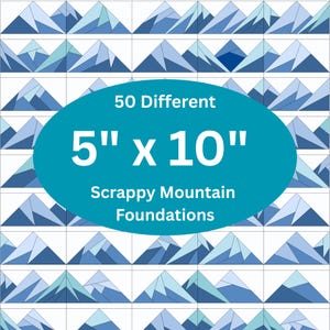 Może przedstawiać: Siatka kwadratów materiału o tematyce górskiej w odcieniach niebieskiego i białego. Obraz zawiera turkusowy owal z tekstem "50 różnych 12,7 cm x 25,4 cm Scrappy Mountain Foundations."