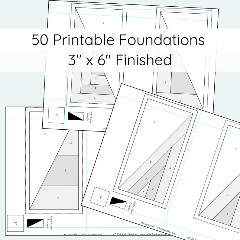 May include: A stack of printed paper templates for quilting, featuring geometric designs. The text reads "50 Printable Foundations 3" x 6" Finished". Each template has a black triangle and is marked with numbers and lines.