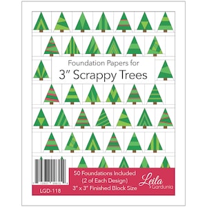 May include: A product cover for Foundation Papers for 3" Scrappy Trees by Leila Gardunia. The design features a grid of various green and red Christmas tree illustrations, a barcode, and text stating 50 foundations included with a 3" x 3" finished block size.