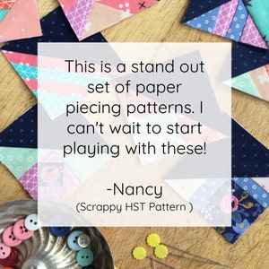 May include: A collection of colorful fabric squares arranged on a wooden surface. The squares are in various patterns and colors, including pink, blue, and white. Text on the image reads: "This is a stand out set of paper piecing patterns."
