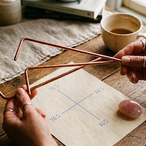 Può includere: Un pendolo color rame tenuto sopra un foglio con scritto "SÌ" e "NO". Una pietra di quarzo rosa e una tazza di tè sono anche sul tavolo di legno. Il pendolo è uno strumento di divinazione.