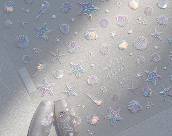 Ocean Seashell 5D Nail Stickers - Glowy Starfish, Summer Beach Decals - Mermaid Manicure