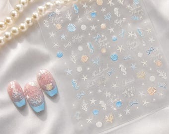 Pegatinas de uñas 5D de caballitos de mar y conchas marinas / Calcomanías de estrellas de mar y coral para la playa / Regalo de arte de uñas de verano