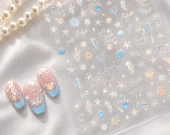 Seahorse Ocean Shell 5D Nail Stickers |  Starfish Coral Beach Decals | Summer Nail Art Gift