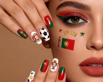 Pegatinas de uñas 5D de Portugal Fútbol / Calcomanías de uñas para aficionados al fútbol en rojo y verde / Regalo de arte de uñas para el Mundial 2026