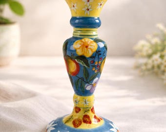 Hand Painted Ceramic Candlestick Holder, Floral Fruit Cottage Decor