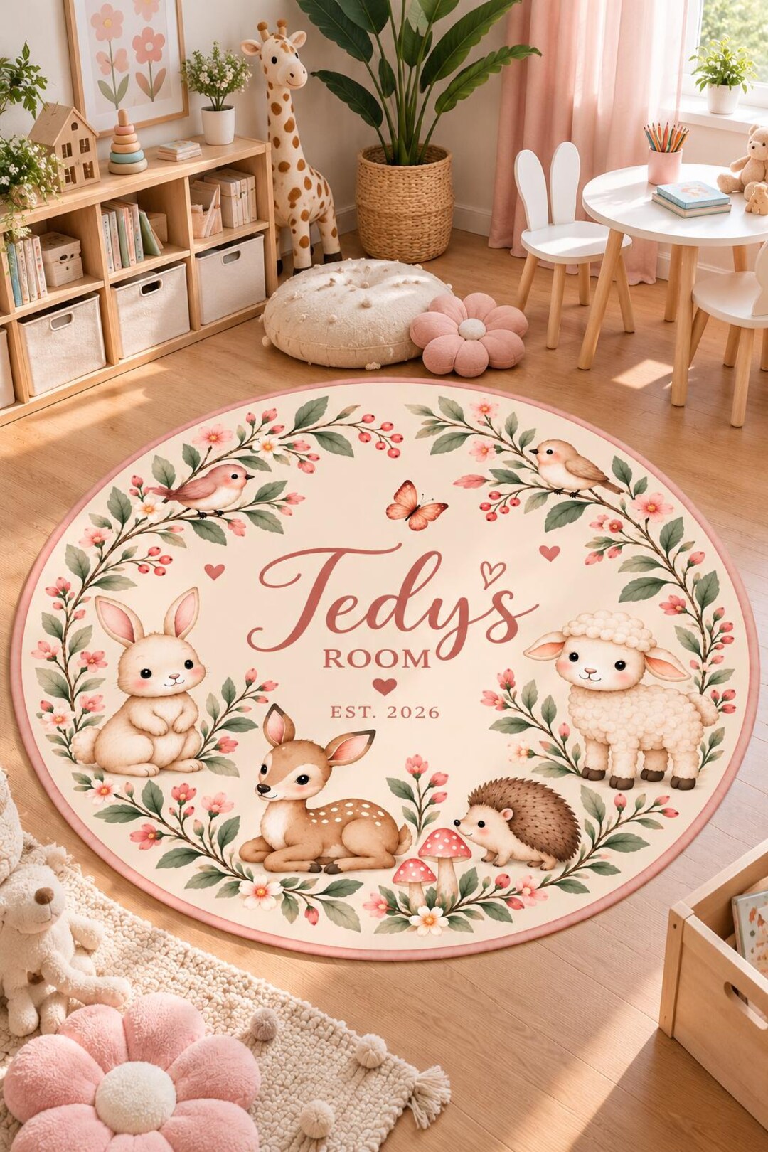 Custom Rugs For Baby Personalized Woodland Round Kids Rug, Custom Name Nursery Carpet, Bunny ...
