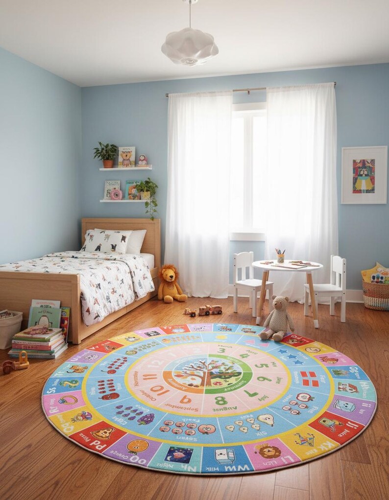 May include: A large, round, colorful educational area rug featuring a central clock face, months of the year, and an outer border with alphabet letters, corresponding illustrations, and words like Pizza, Night, Milk, and Lion on a wooden floor.