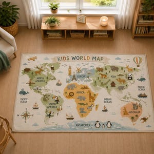 Alfombra infantil con mapa del mundo, alfombra educativa con mapa de animales para guardería, sala de juegos y aula. imagen 3
