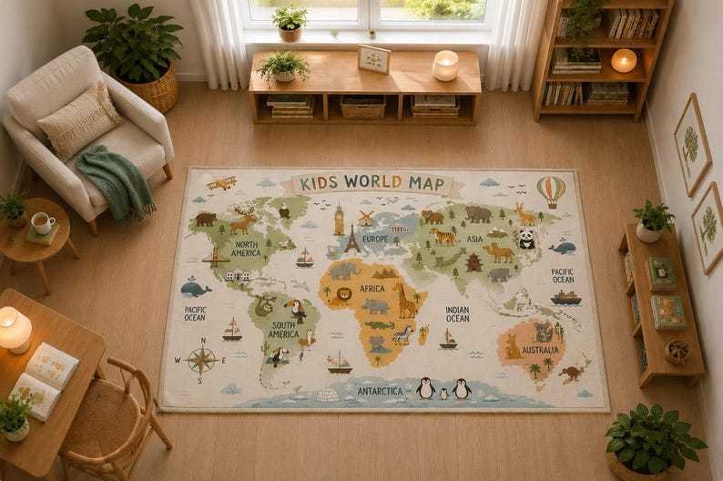 Alfombra infantil con mapa del mundo, alfombra educativa con mapa de animales para guardería, sala de juegos y aula. imagen 3