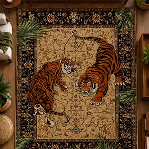 May include: A rectangular area rug featuring a central tan field with two tigers in orange and black stripes, surrounded by a dark black border decorated with intricate floral patterns and vines in shades of gold, brown, and cream.