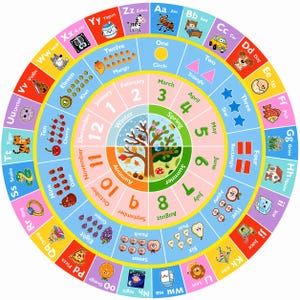 May include: A circular educational wall chart featuring the alphabet from A to Z with corresponding illustrations and words, a calendar with months and seasons, numbers one through twelve with fruit icons, and basic geometric shapes in bright colors.