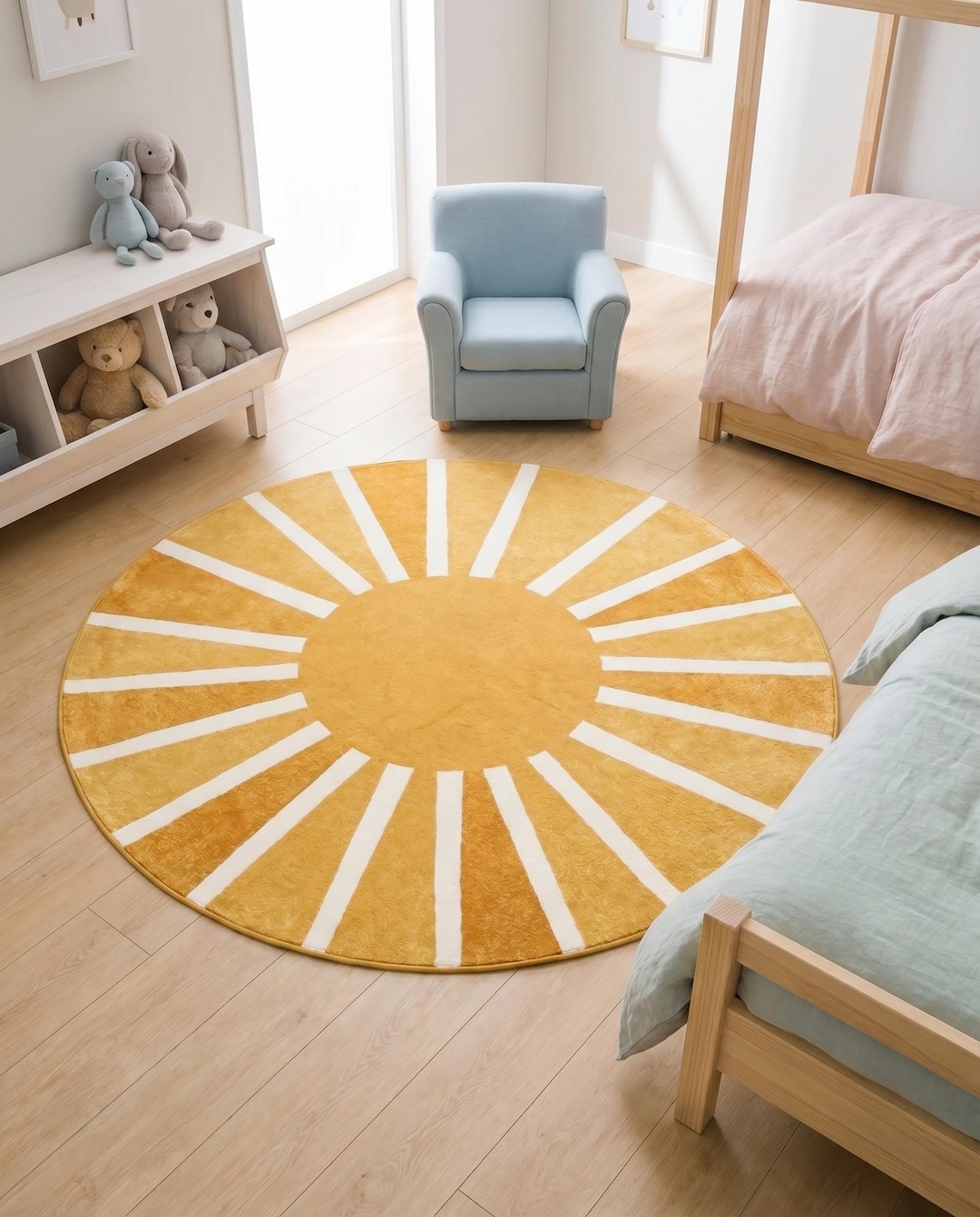 Round Sunshine Rug, Boho Yellow Carpet, Modern Minimalist Nursery Decor ...