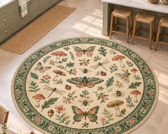 May include: A round area rug featuring a cream-colored background with a botanical pattern of colorful butterflies, dragonflies, bees, ladybugs, mushrooms, acorns, and various green leaves, enclosed by a wide green border with floral accents.