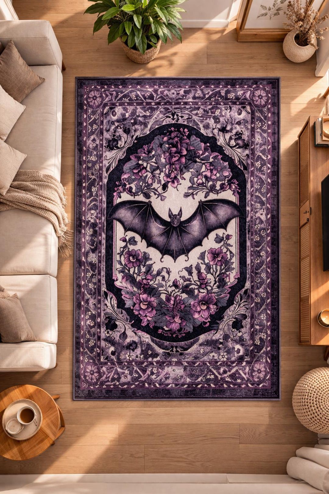 Gothic Bat Rug Purple Floral Area Rug Dark Aesthetic Carpet Vintage ...