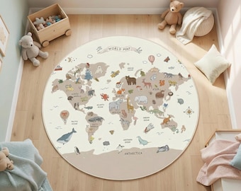 Tappeto rotondo educativo con mappa del mondo per la cameretta dei bambini, tappeto con mappa degli animali per la stanza dei giochi.