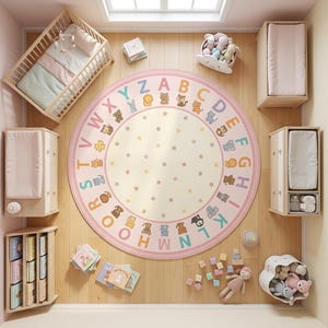 Könnte beinhalten: Ein Kinderzimmer mit einem hellen Holzbett, Wickeltischen und einem runden Teppich. Der Teppich zeigt das Alphabet und Tierillustrationen. Kuscheltiere und Bücher sind im Raum verteilt und schaffen eine gemütliche und spielerische Atmosphäre.