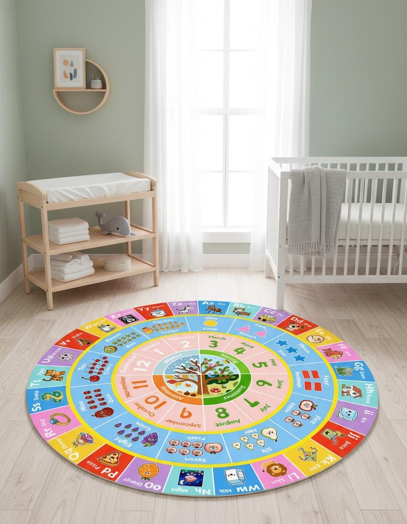 May include: A round educational area rug featuring a colorful alphabet border with illustrations, a central tree graphic, and concentric rings displaying numbers one through twelve, months of the year, and seasonal labels in a bright, multi-colored design.