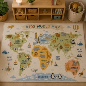 Alfombra infantil con mapa del mundo, alfombra educativa con mapa de animales para guardería, sala de juegos y aula. imagen 2