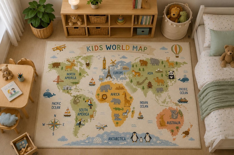 Alfombra infantil con mapa del mundo, alfombra educativa con mapa de animales para guardería, sala de juegos y aula. imagen 2