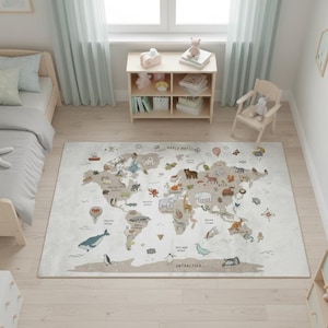 May include: A beige and tan world map rug with illustrated animals and landmarks. The rug features the text "WORLD MAP" and "ANTARCTICA". The rug is in a child's bedroom with a bed, chair, and wooden shelving unit.