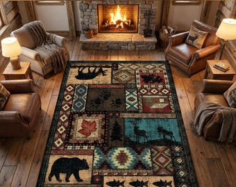 May include: A rectangular area rug featuring a patchwork design with various nature-themed motifs including a black bear, deer silhouettes, pine trees, fish, and a red maple leaf, accented by geometric patterns in shades of brown, blue, red, and cream.