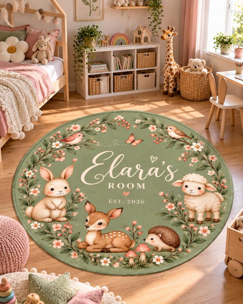 Text On Mat Design Personalized Woodland Round Kids Rug, Custom Name Nursery Carpet, Bunny ...