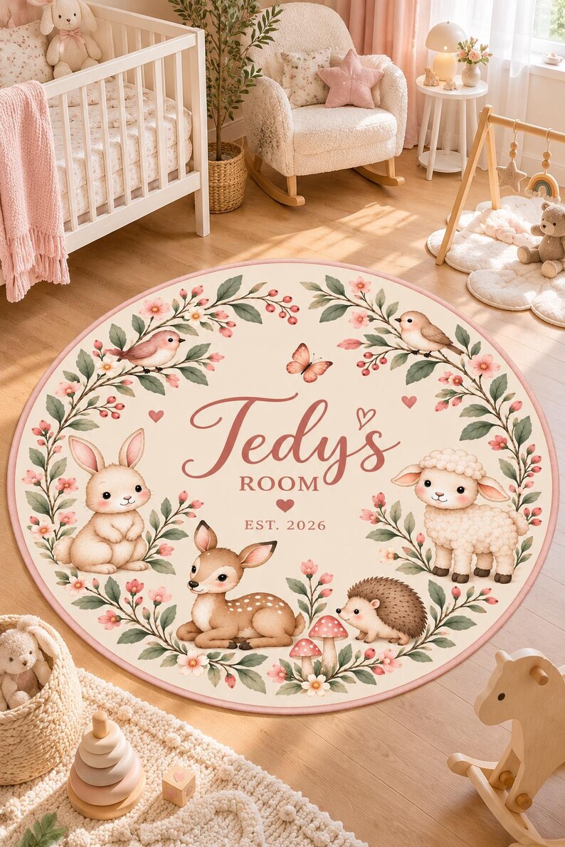Personalized Woodland Round Kids Rug, Custom Name Nursery Carpet, Bunny ...