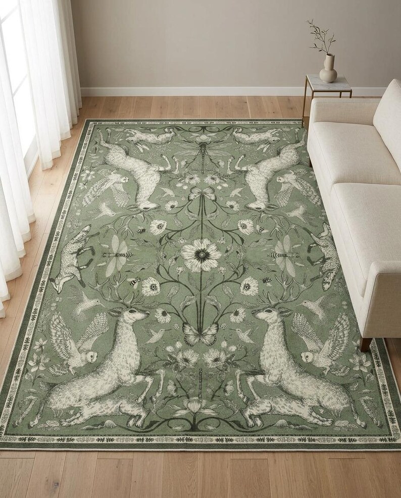 Forest Animals Rug: Deer, Rabbit, Owl Botanical Area Rug – Cottagecore ...