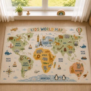 Alfombra infantil con mapa del mundo, alfombra educativa con mapa de animales para guardería, sala de juegos y aula. imagen 1