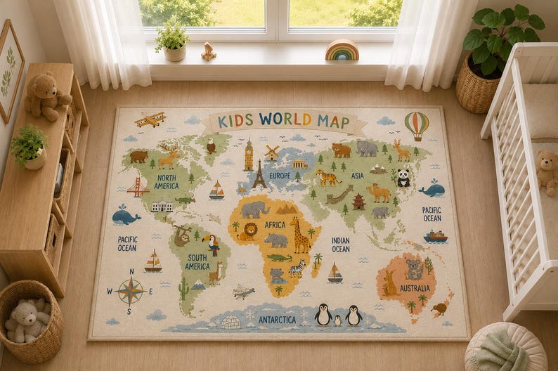 Alfombra infantil con mapa del mundo, alfombra educativa con mapa de animales para guardería, sala de juegos y aula. imagen 1