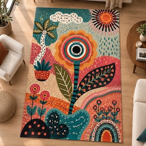 May include: A rectangular area rug featuring a vibrant, multi-colored graphic illustration of a large central flower, a palm tree, smaller floral clusters, a sun, and clouds. The design uses a palette of teal, orange, pink, and black.