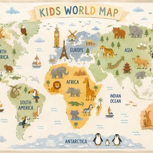 Alfombra infantil con mapa del mundo, alfombra educativa con mapa de animales para guardería, sala de juegos y aula. imagen 7