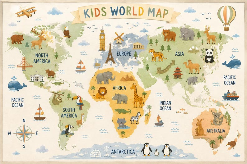 Alfombra infantil con mapa del mundo, alfombra educativa con mapa de animales para guardería, sala de juegos y aula. imagen 7