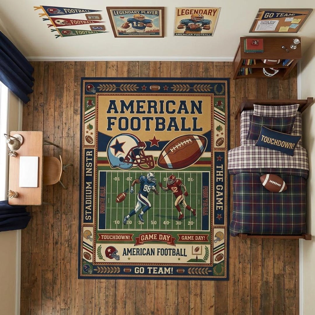 American Football Field Rug, Vintage Game Day Carpet, Boys Teen Room ...