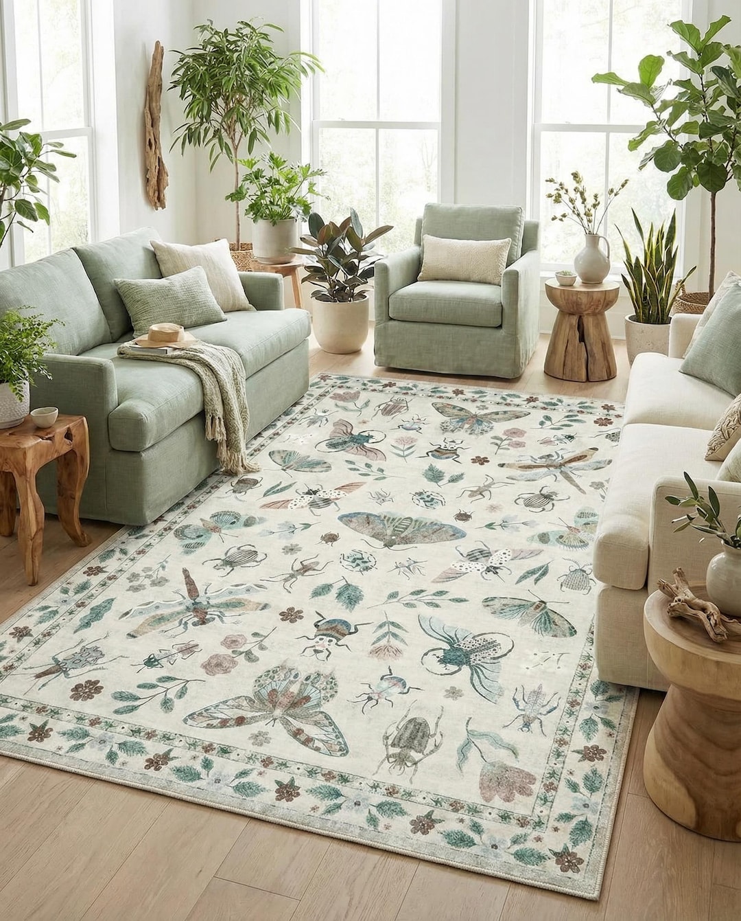 Vintage Insect Botanical Rug, Cottagecore Nature Inspired Area Carpet ...
