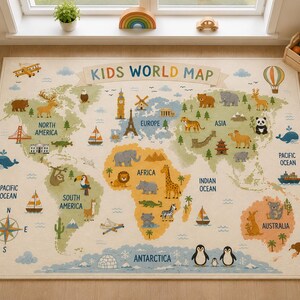 Alfombra infantil con mapa del mundo, alfombra educativa con mapa de animales para guardería, sala de juegos y aula. imagen 4