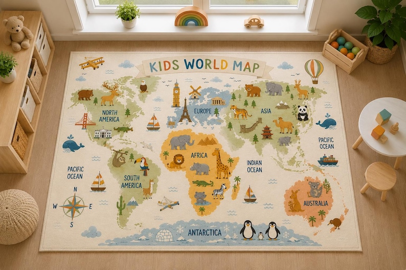 Alfombra infantil con mapa del mundo, alfombra educativa con mapa de animales para guardería, sala de juegos y aula. imagen 4