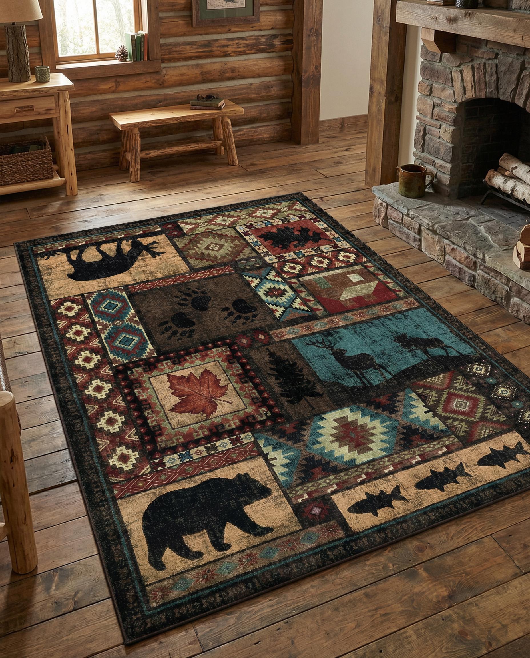 Rustic Patchwork Cabin Rug, Bear Deer Woodland Wildlife Lodge Decor - Etsy