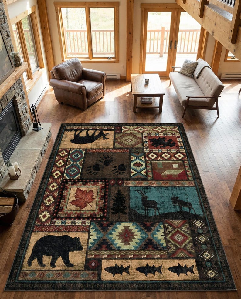 Rustic Patchwork Cabin Rug, Bear Deer Woodland Wildlife Lodge Decor - Etsy