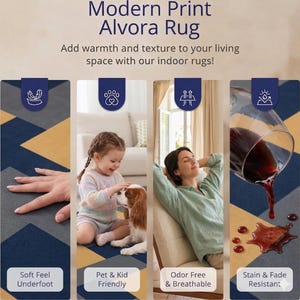 May include: Modern Print Alvora Rug featuring a geometric pattern in navy blue and mustard yellow. The graphic highlights four key features: soft feel underfoot, pet and kid friendly, odor free and breathable, and stain and fade resistant.
