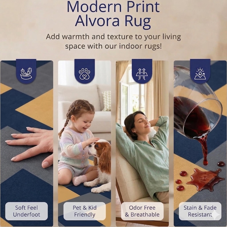 May include: Modern Print Alvora Rug featuring a geometric pattern in navy blue and mustard yellow. The graphic highlights four key features: soft feel underfoot, pet and kid friendly, odor free and breathable, and stain and fade resistant.